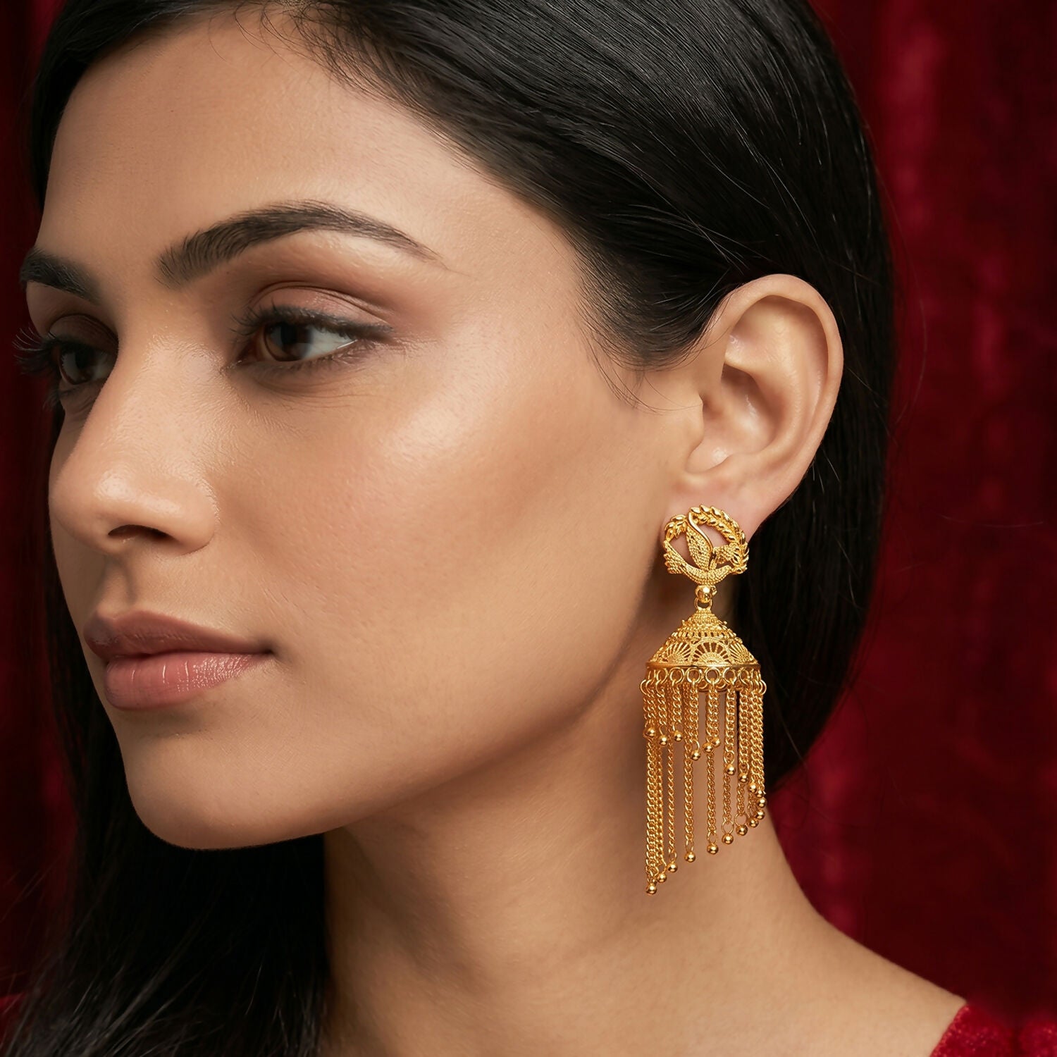 Golden Leaf Tassel Jhumka Earrings close-up detail