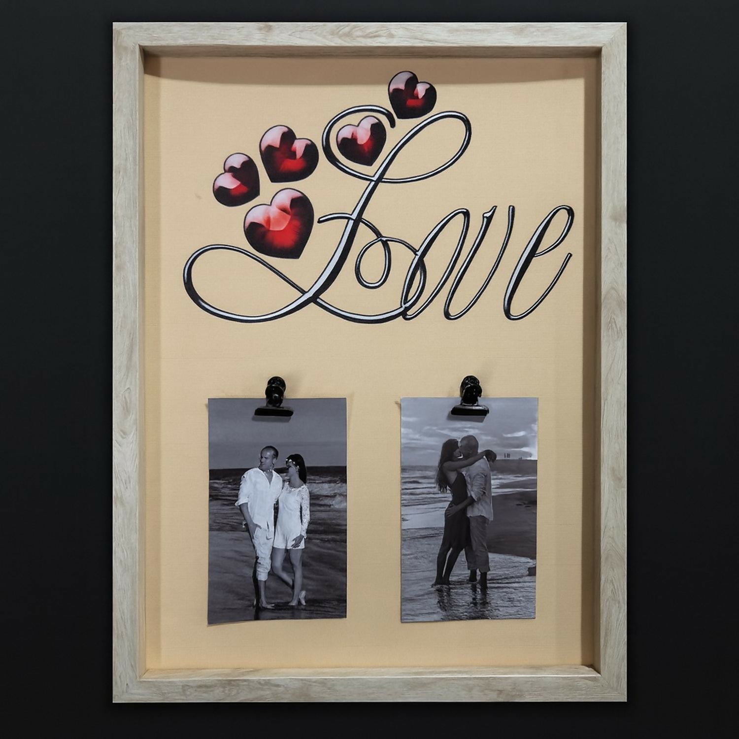 Luxury Wooden Love Photo Frame with Clips for 2 Photos – Wall Hanging Decorative Picture Frame with Love & Heart Design for Bedroom, Living Room, Gift for Couples, Anniversary & Valentine’s Day