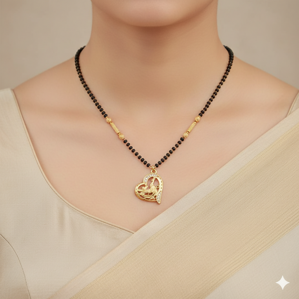 Gold-Plated AD Heart Peacock Mangal sutra with Black Beads For women