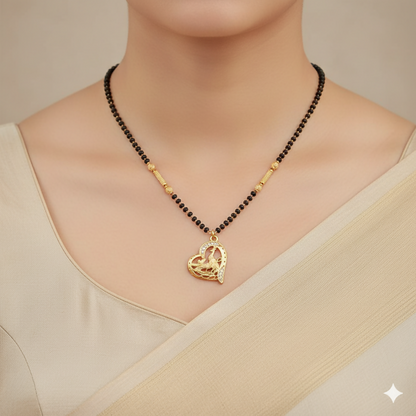 Gold-Plated AD Heart Peacock Mangal sutra with Black Beads For women