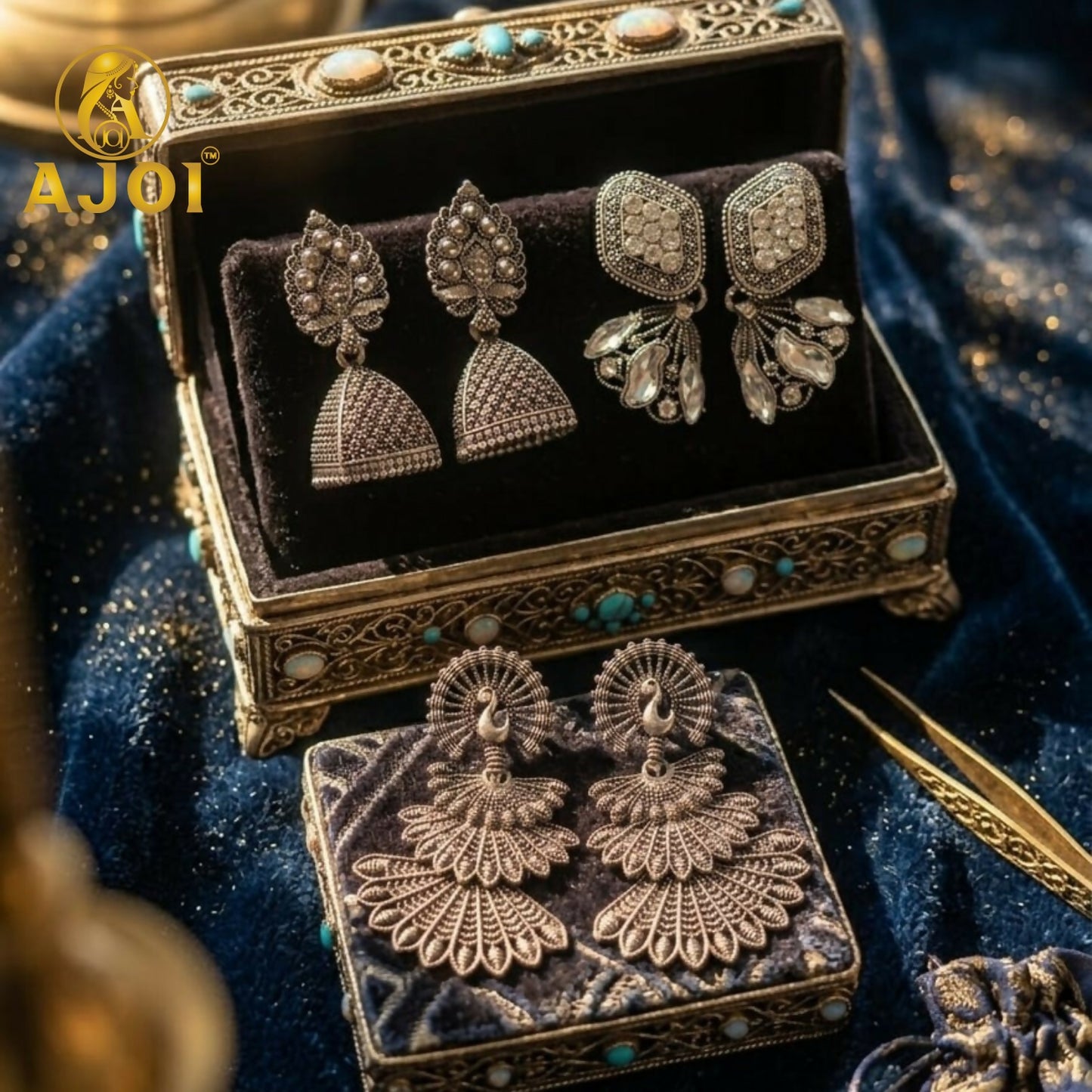 Oxidized Silver Earrings with Jhumka and Peacock Set of 3