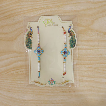 Om Printed Clover Crystal Studded Pearl Beads Bhai Bhabhi Rakhi Set