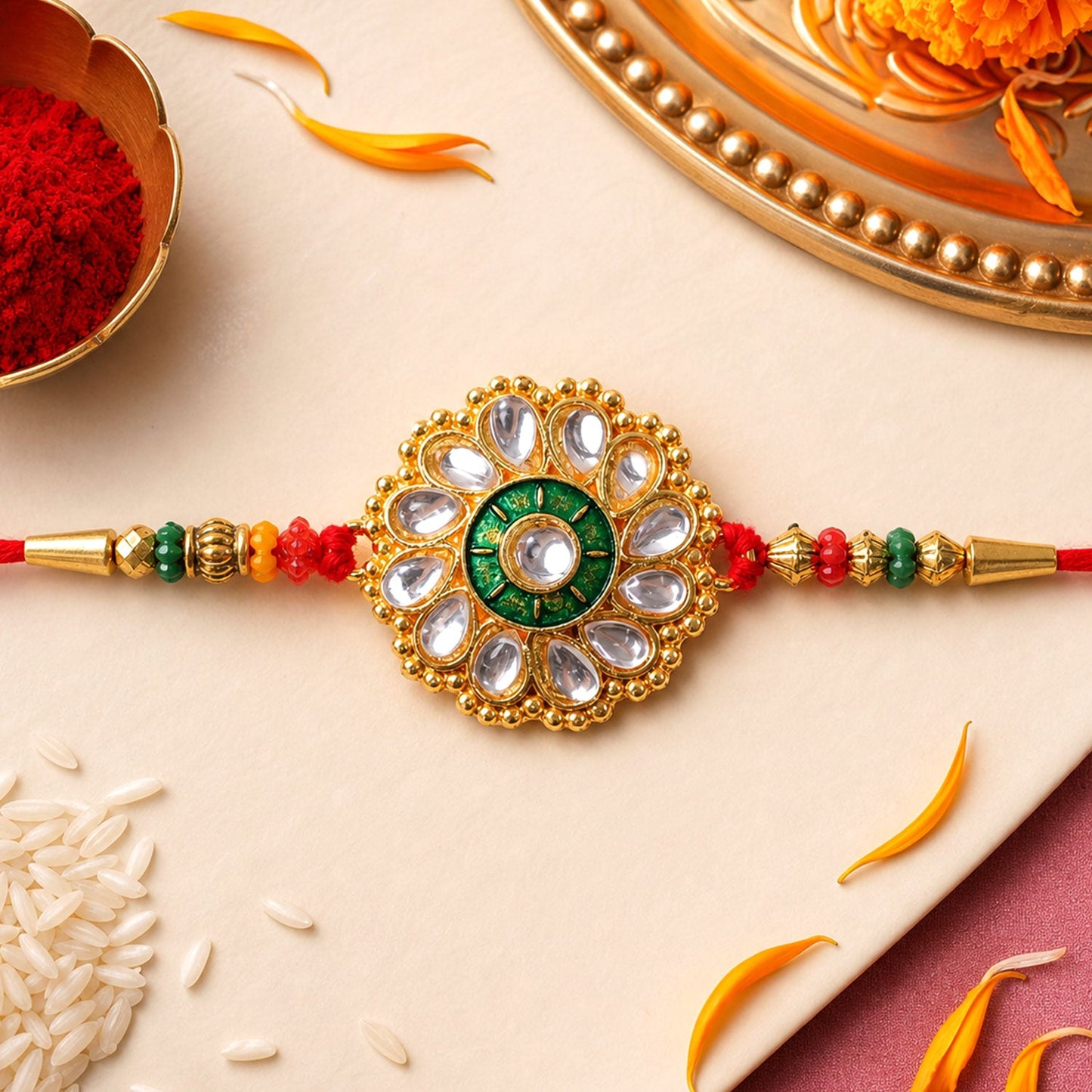 Kundan Flower Rakhi Traditional Floral Design for Brother (5pcs)