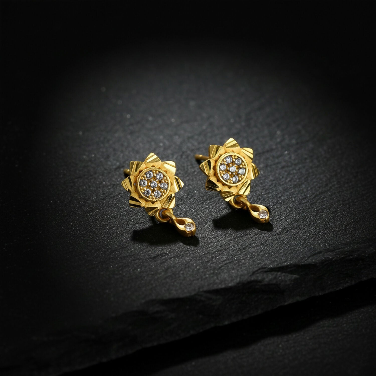 Floral Inspired Gold Finish Drop Earrings with Sparkling Stone Detail