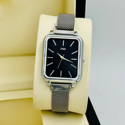 Silver Square Analog Watch with Mesh Strap