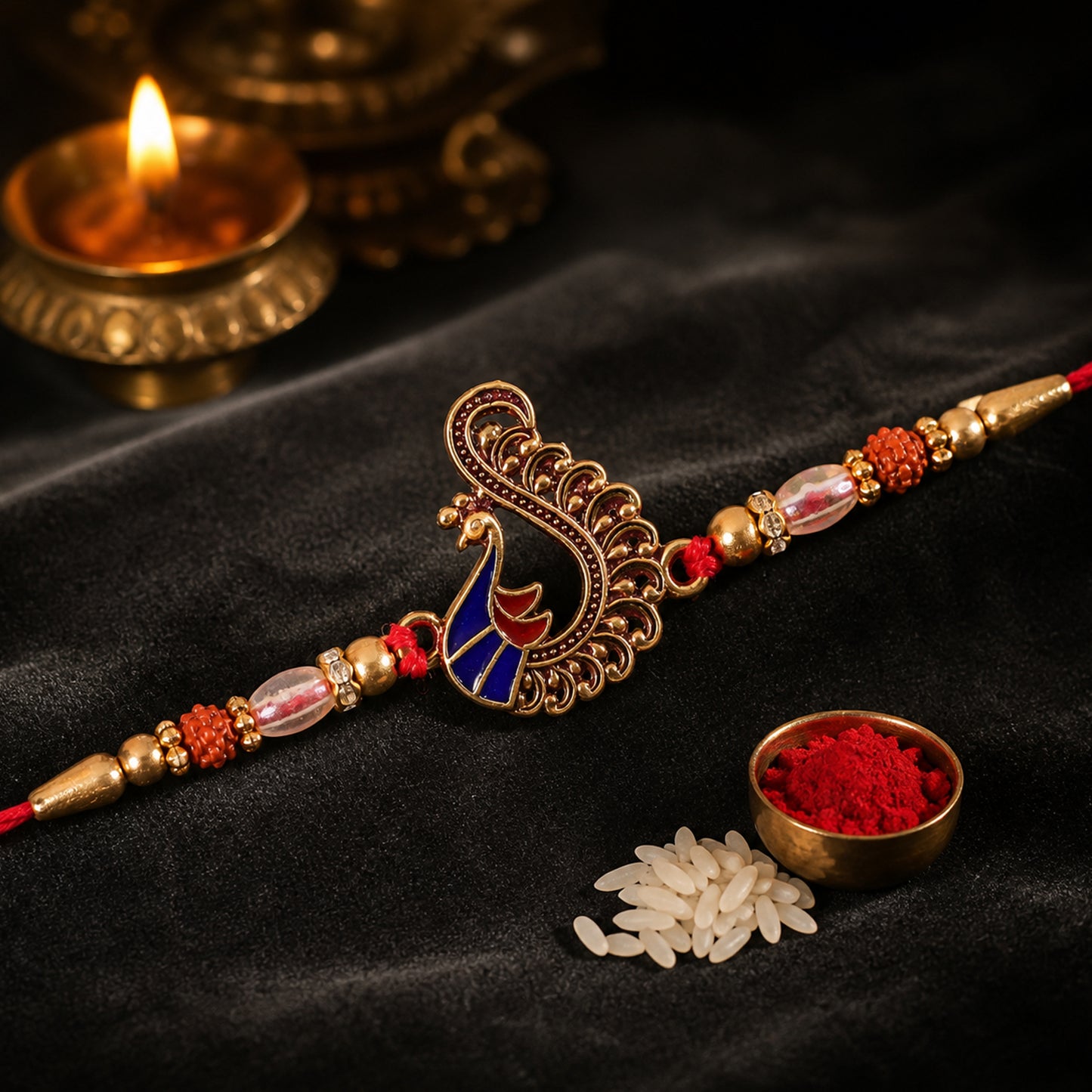Designer Rakhi with Peacock Paisley Charm, blue stones and thread look for Gift Use