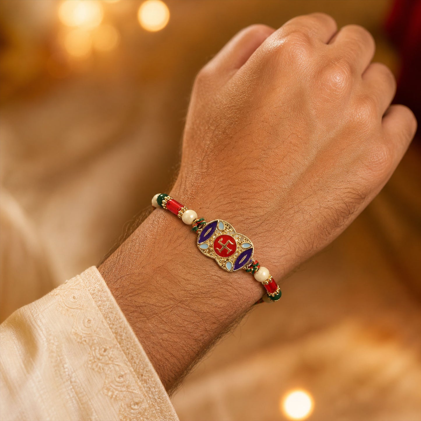 Festive Rakhi featuring Swastik Medallion and gold trims in display look for Gift Use