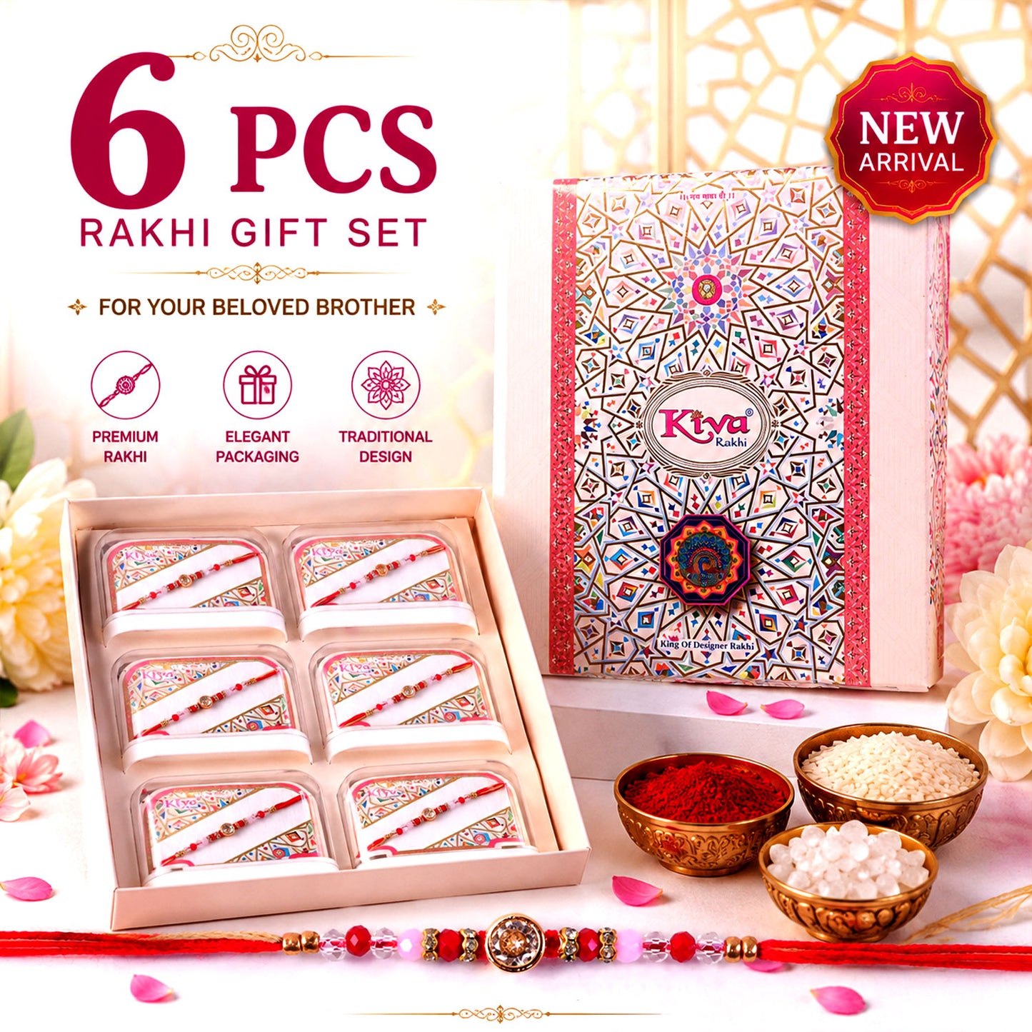 Sparkling AD Round Flower Designer Rakhi for Brother, Crystal Beads Gift
