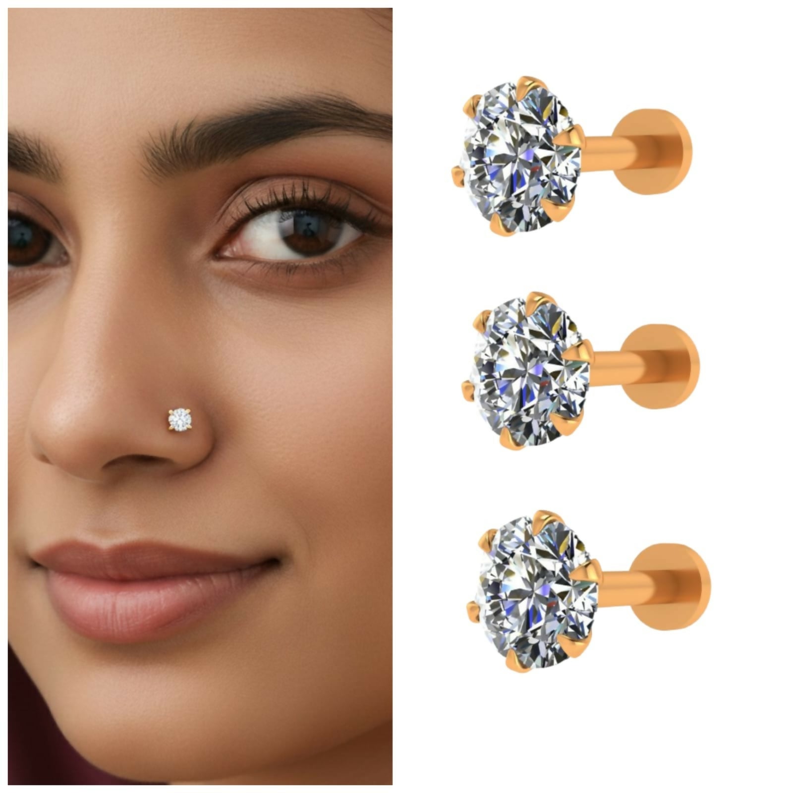Classic floral diamond nose pin in 18K gold with brilliant round-cut diamond