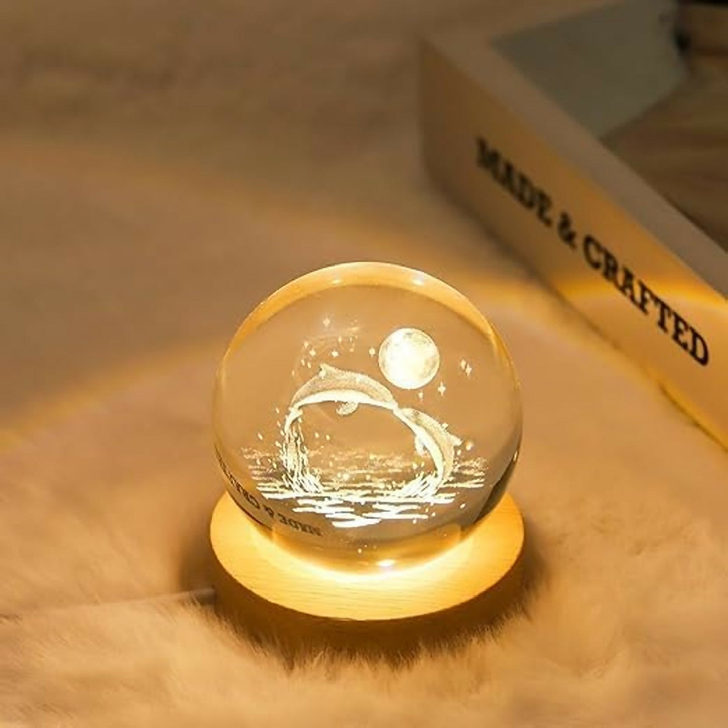 3D Dolphin Crystal Ball Night Lamp with Wooden Base Decorative Light
