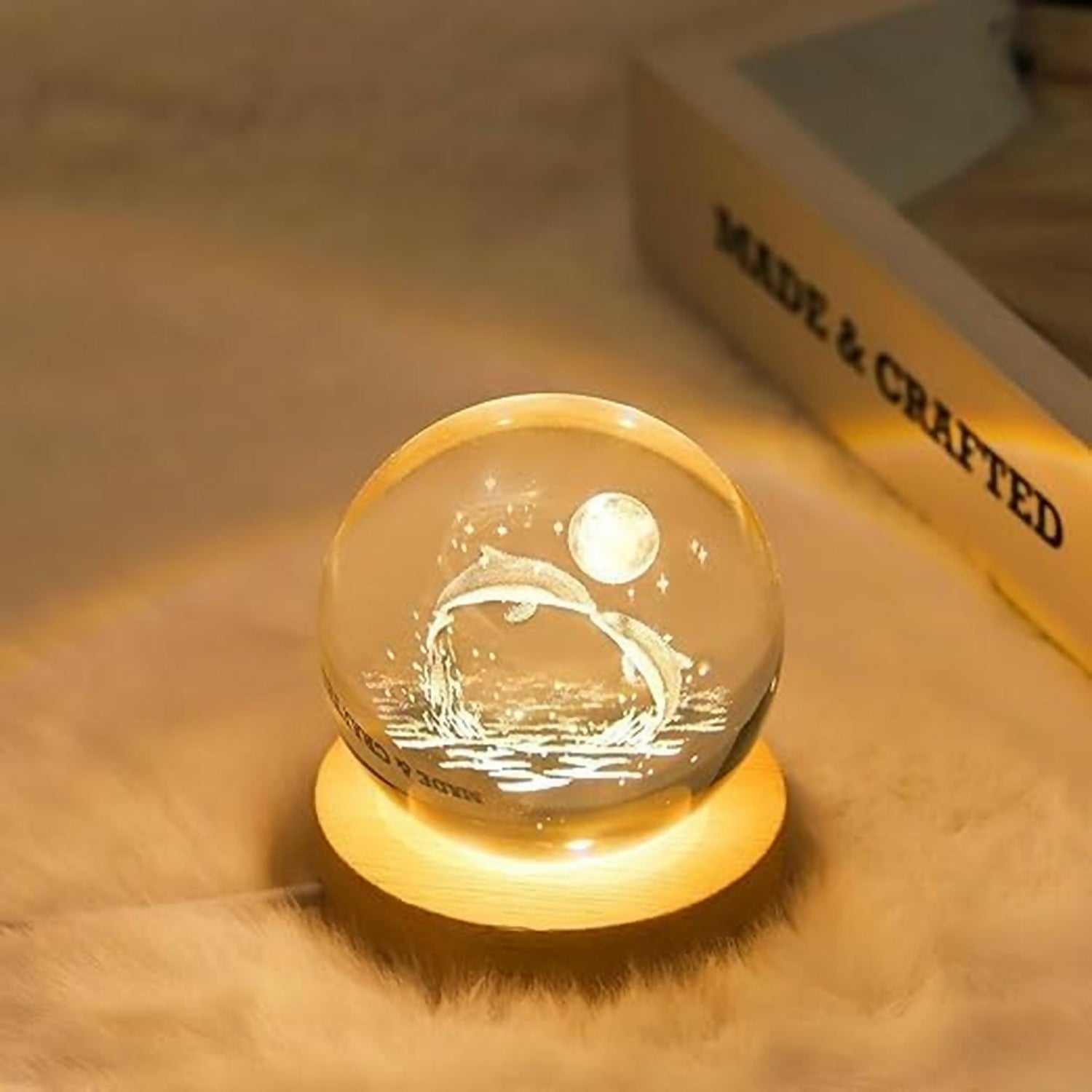 3D Dolphin Crystal Ball Night Lamp with Wooden Base Decorative Light
