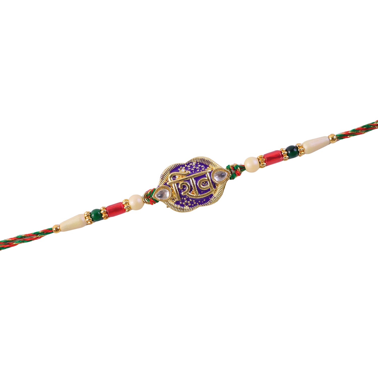 Shiv Text Pendant Rakhi with Purple Enamel and Kundan Stones