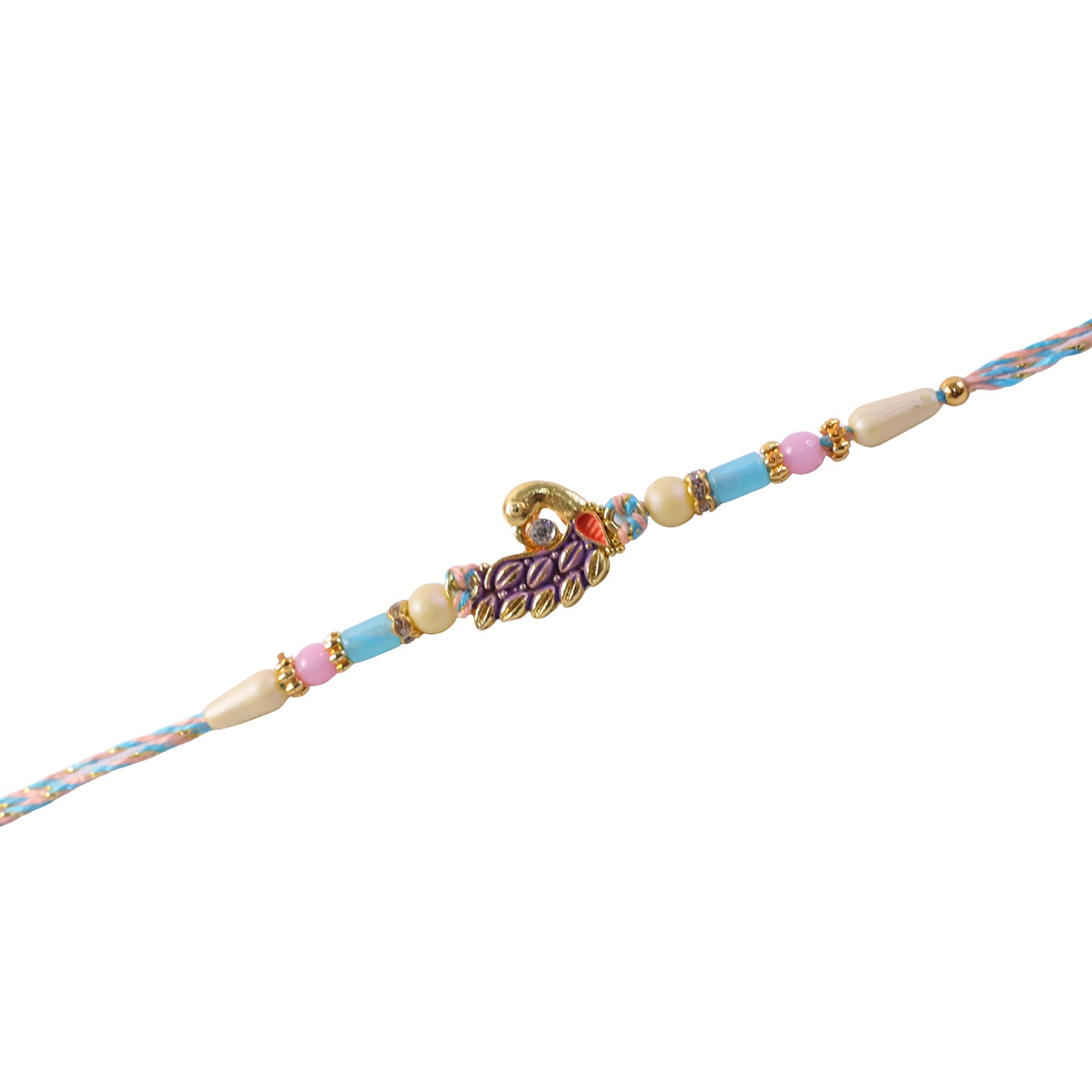 Blue Enamel Peacock Pendant Rakhi with Pastel Beads