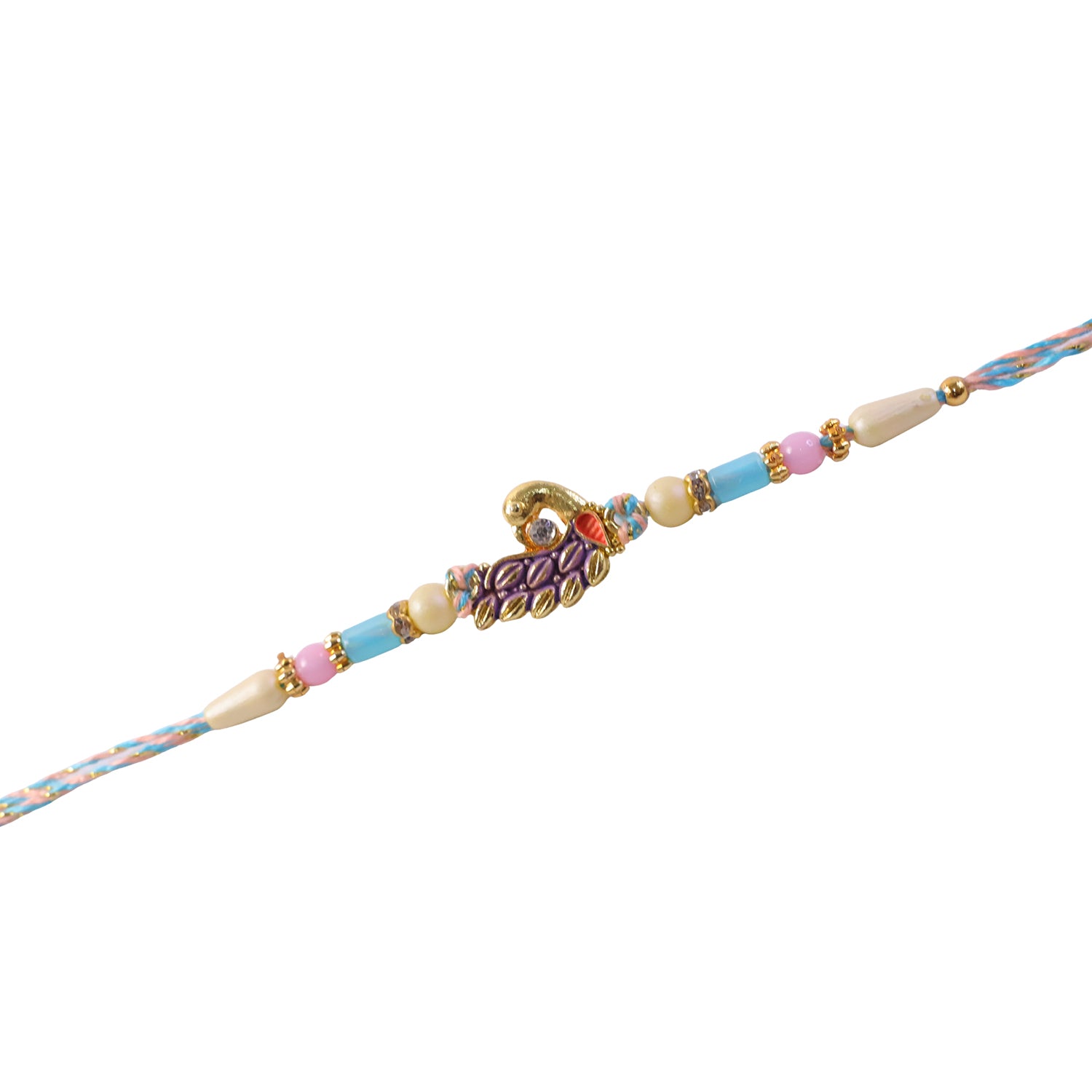 Blue Enamel Peacock Pendant Rakhi with Pastel Beads