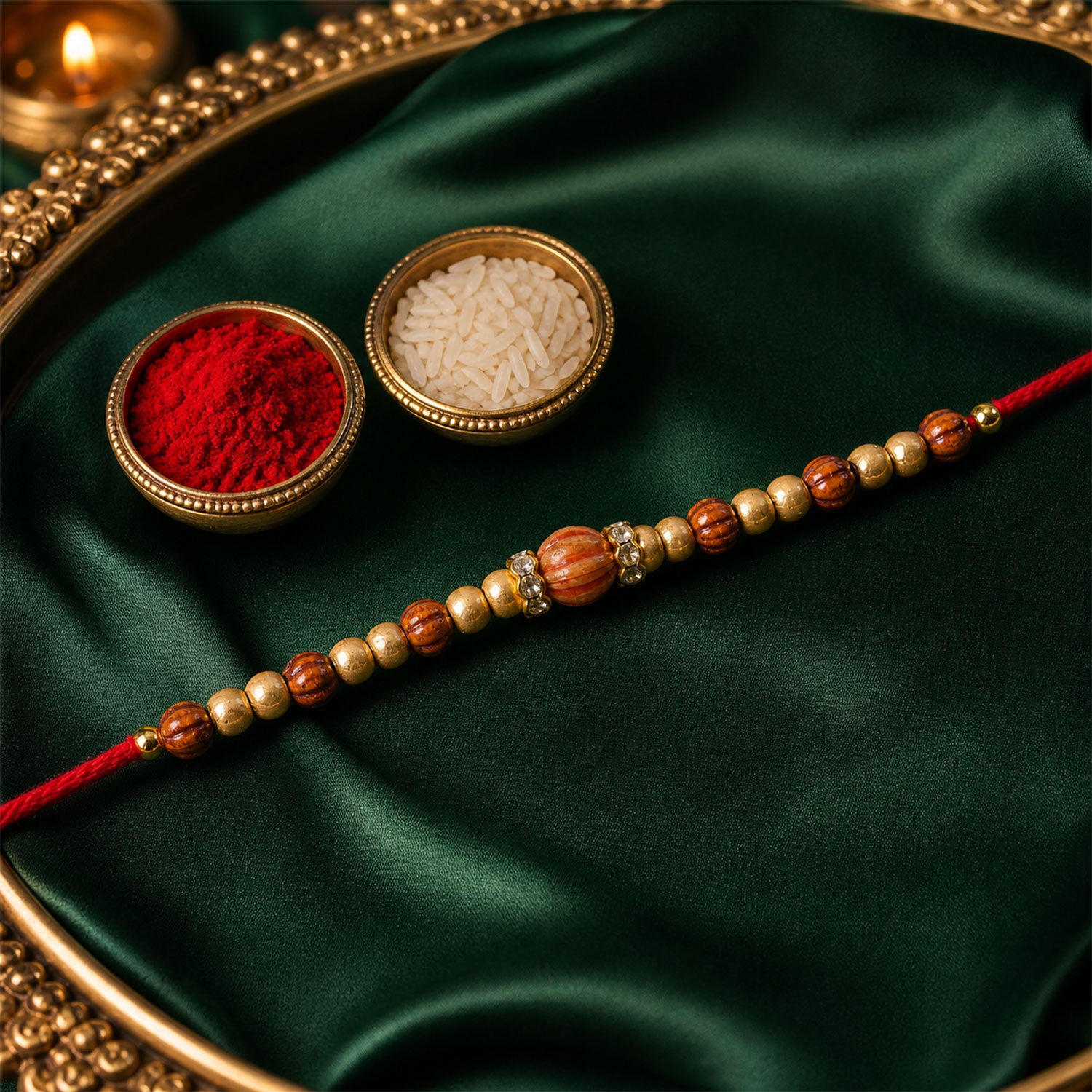 Red Thread Rakhi with Wooden Bead Pendant and Golden Bead Accents