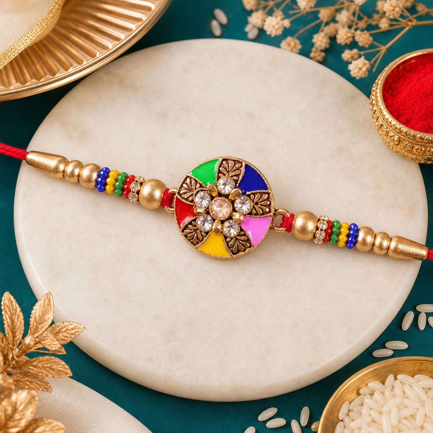 Multicolor Designer Rakhi Floral Embellished Beaded Thread (5pcs)