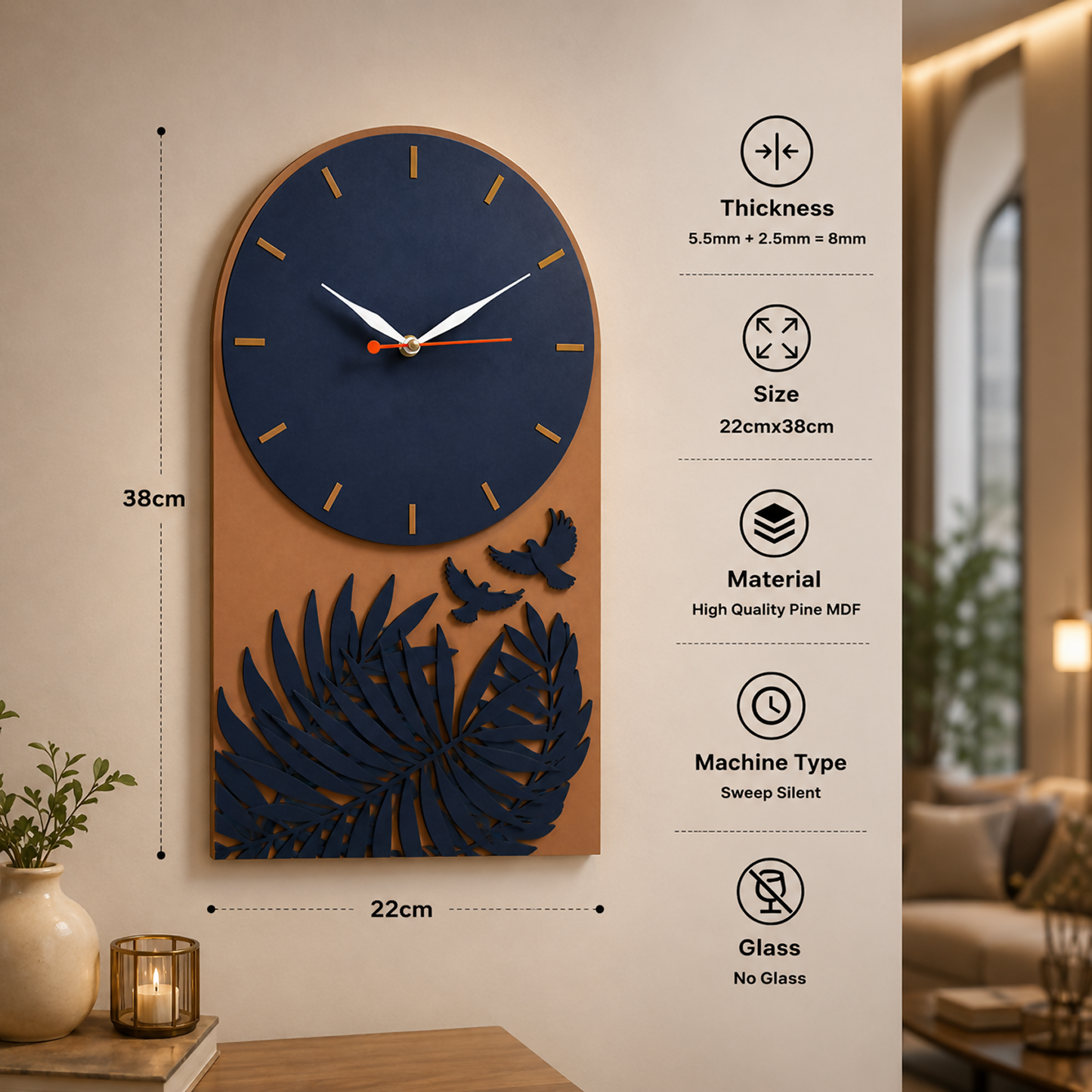 Tropical Leaf Bird Designer Layered MDF Wall Clock Modern Luxury Home Wall Décor back view for festive gifting home decor