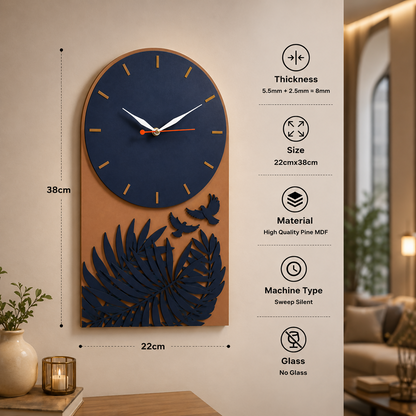 Tropical Leaf Bird Designer Layered MDF Wall Clock Modern Luxury Home Wall Décor back view for festive gifting home decor