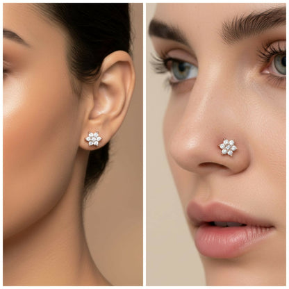 Set of rose gold plated flower labret nosepins perfect for multiple ear piercings