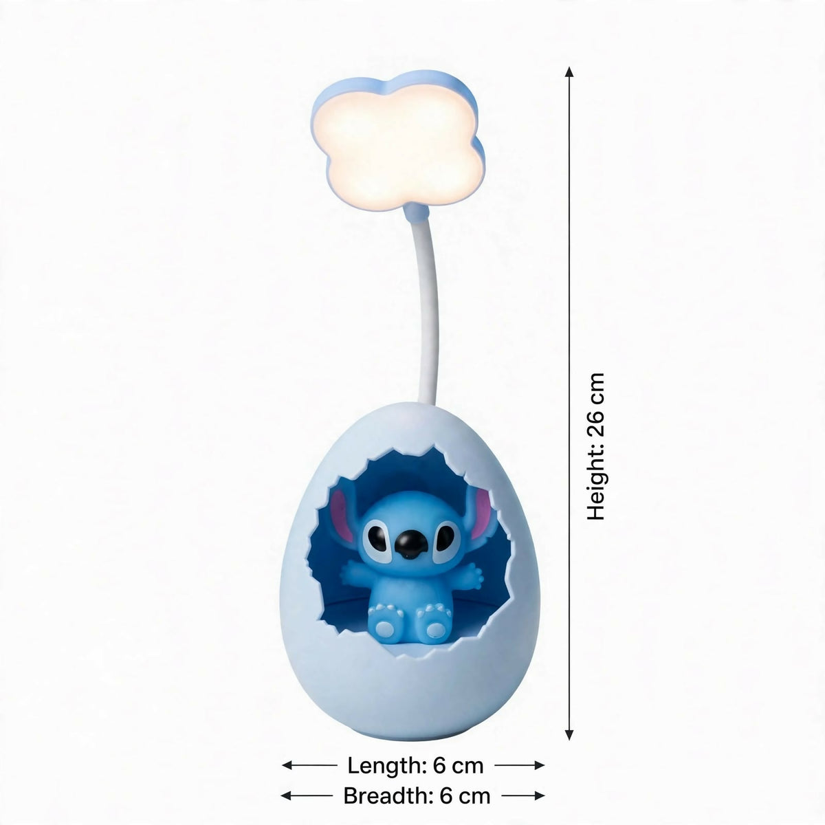 A light blue cracked egg lamp with a Stitch figure inside and a glowing cloud light, with dimensions for height, – view 7