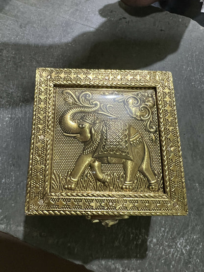 Golden elephant metal jewellery box full view India