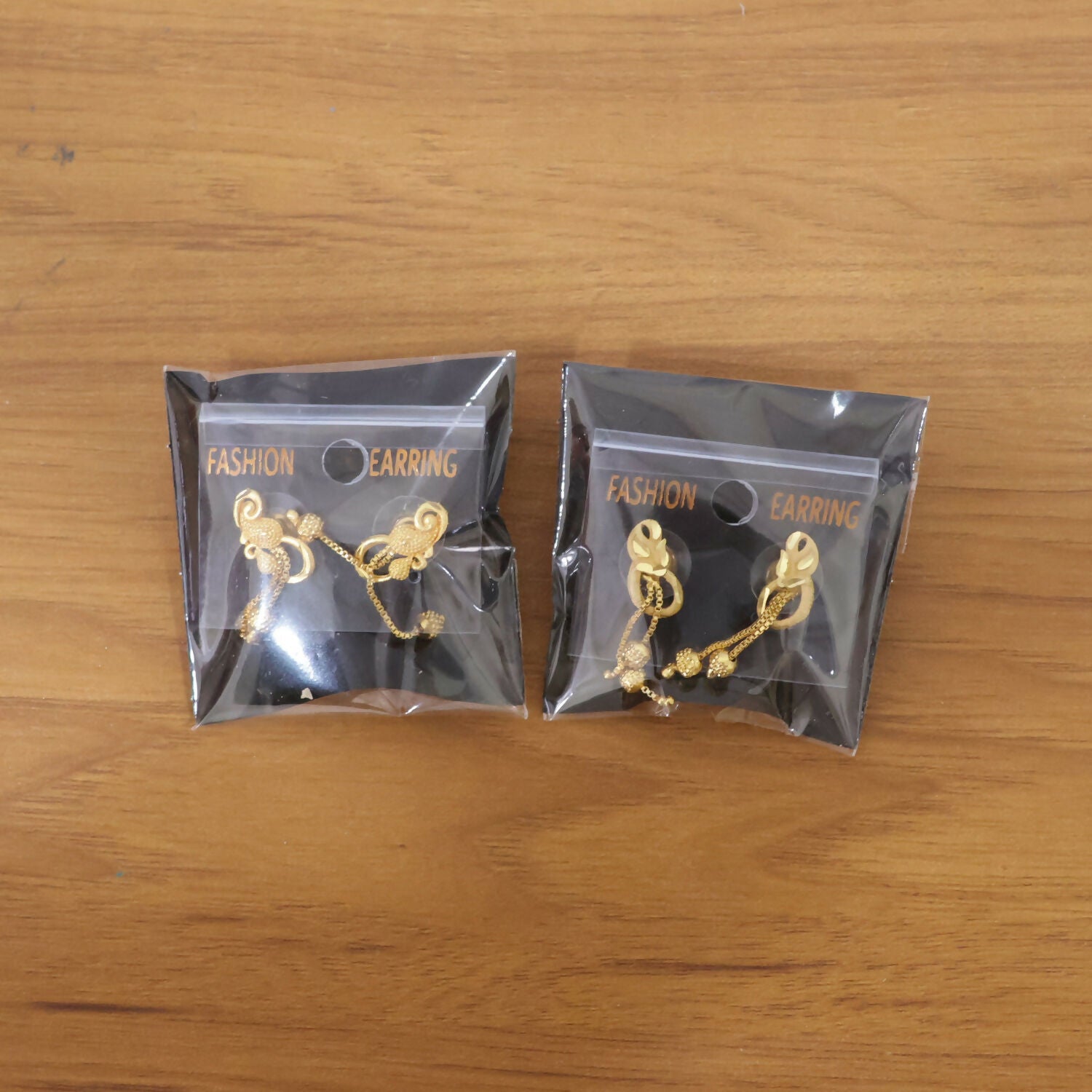 Chic Gold Chain Drop Earrings with Triple Hanging Beads and Sculpted Top Deign (2 Pair)