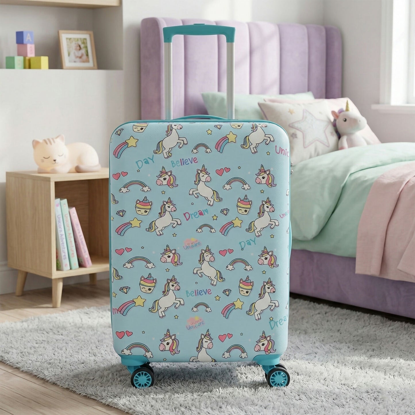 360-degree spinner wheels of Novex Unicorn Kids Trolley Bag