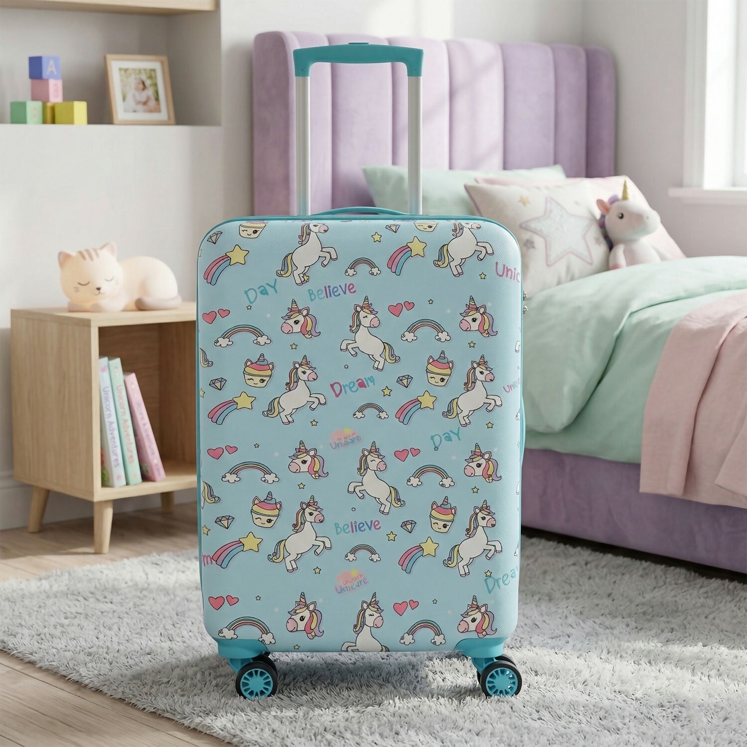 360-degree spinner wheels of Novex Unicorn Kids Trolley Bag