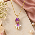 Purple & White Floral Golden-Tone Pendant Chain – Elegant Imitation Jewellery Necklace