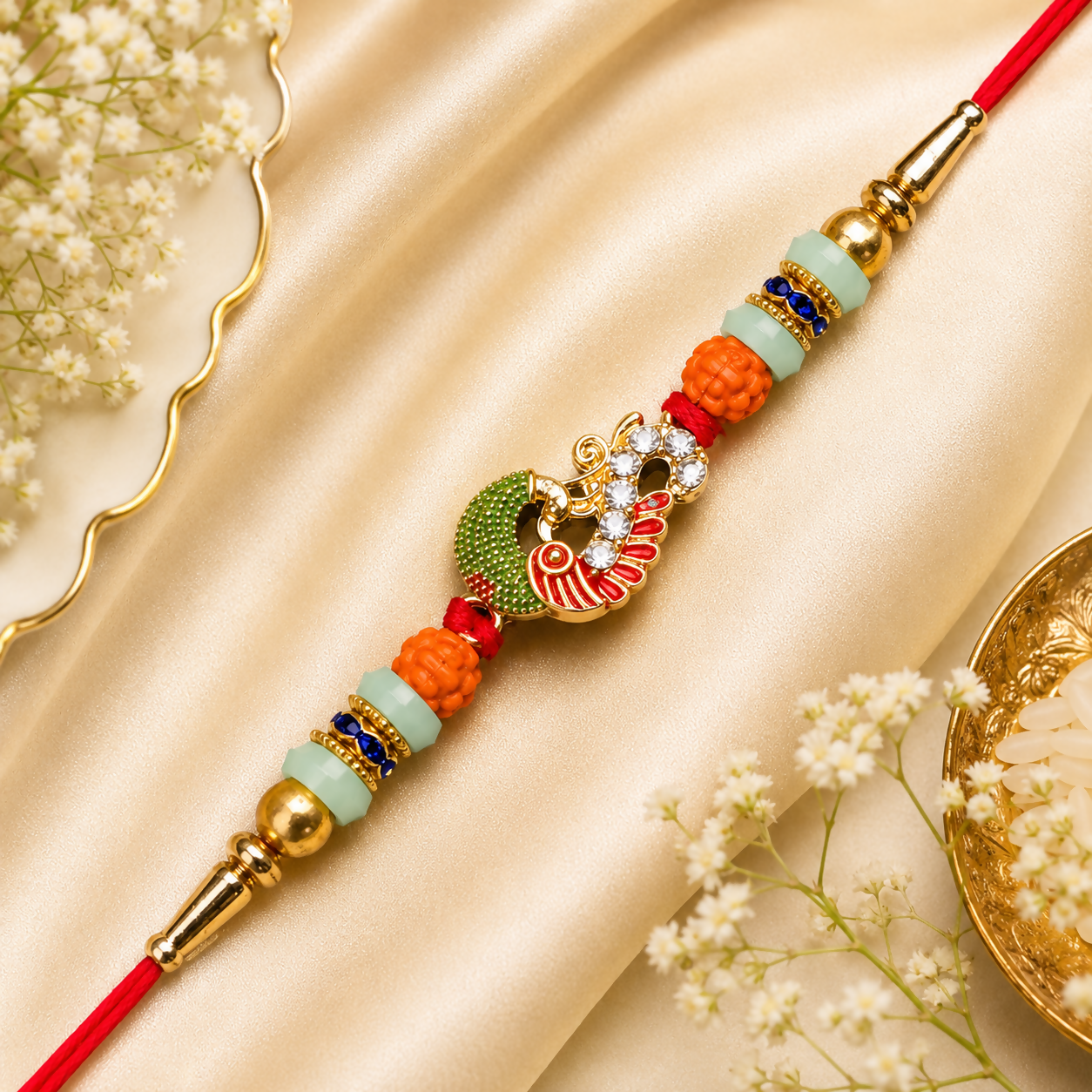 A red thread with a gold and green peacock charm, orange and mint green beads, and gold accents, rests on a gold satin