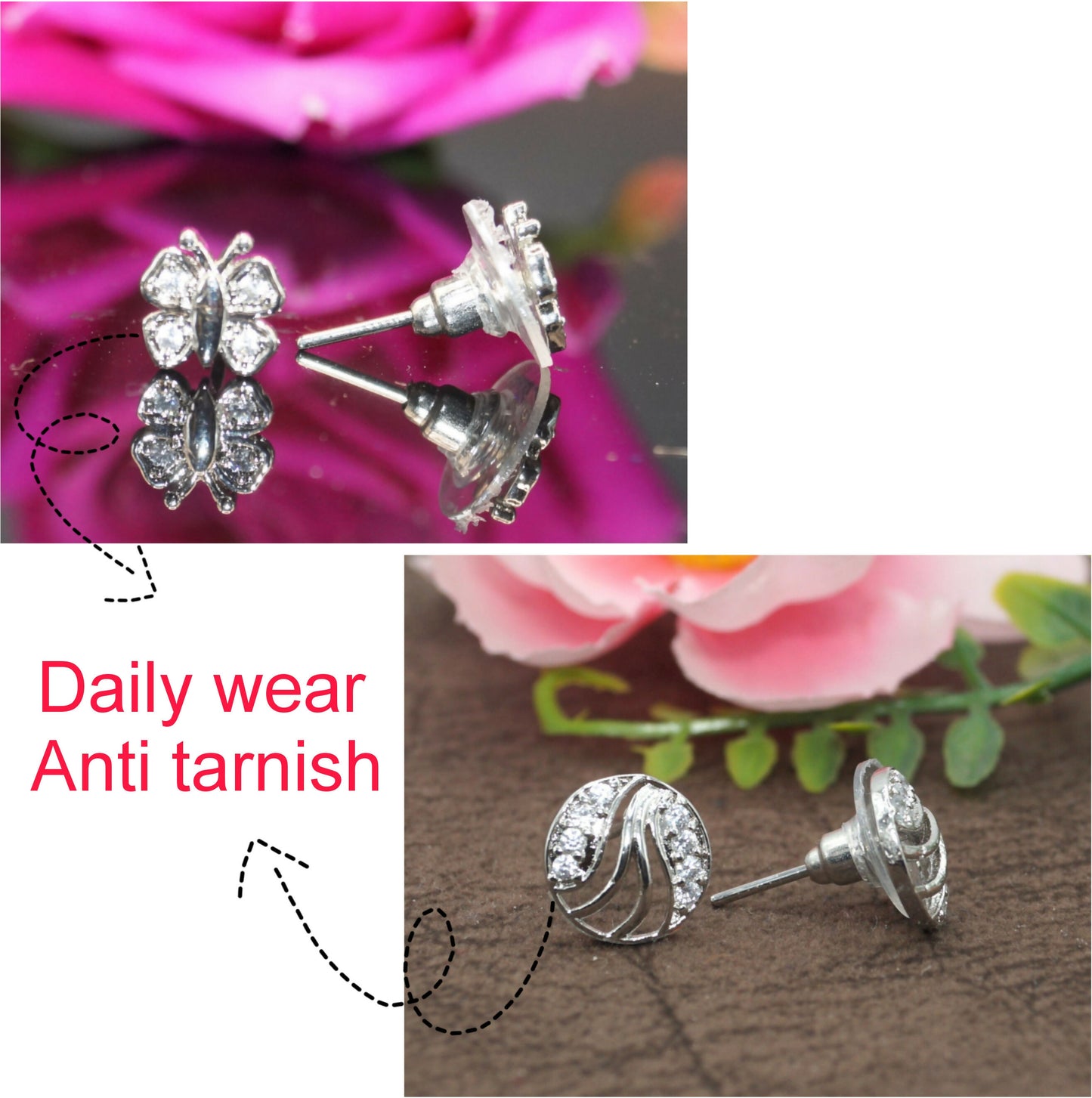 Silver plated butterfly-shaped stud earrings embellished with shining American Diamond stones