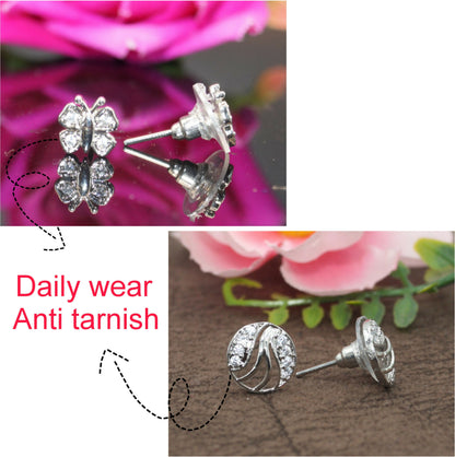 Silver plated butterfly-shaped stud earrings embellished with shining American Diamond stones