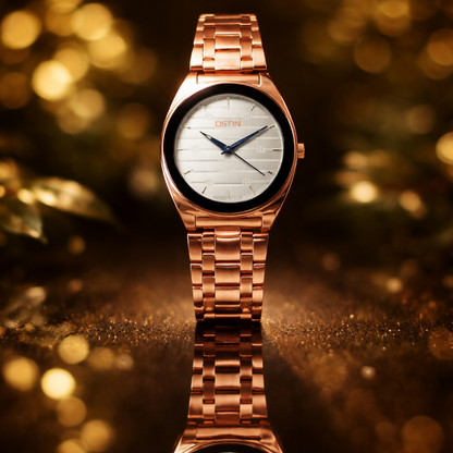 Front view of men's rose gold wrist watch highlighting elegant design