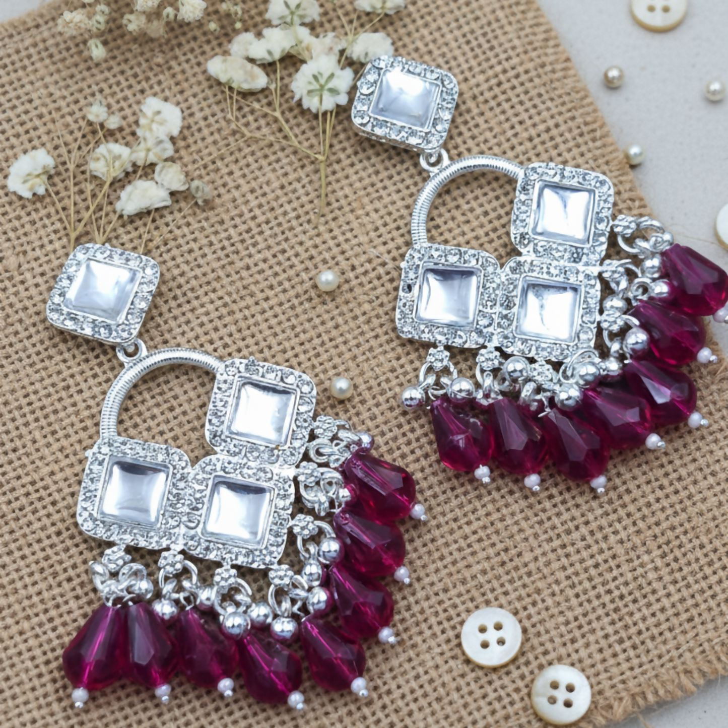 Elegant Silver Plated Chandelier Earrings Featuring Square Crystals and Dark Pink Teardrop Beads