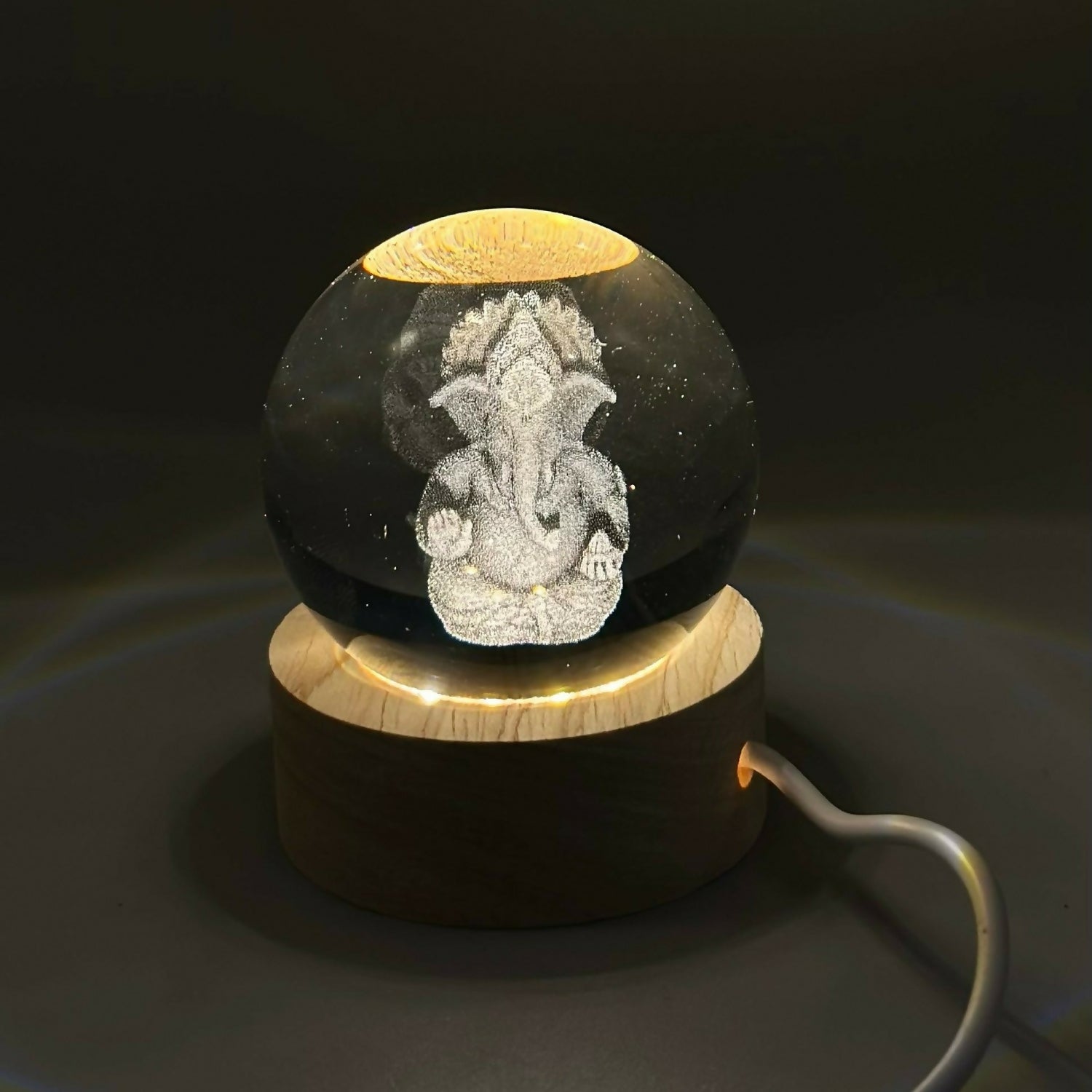 Ganesh 3D Crystal Ball LED Lamp with Wooden Base | USB Powered Night Light for Home Temple, Bedroom & Office | Spiritual Decorative Lamp for Gifting, Housewarming, Diwali & Meditation Décor