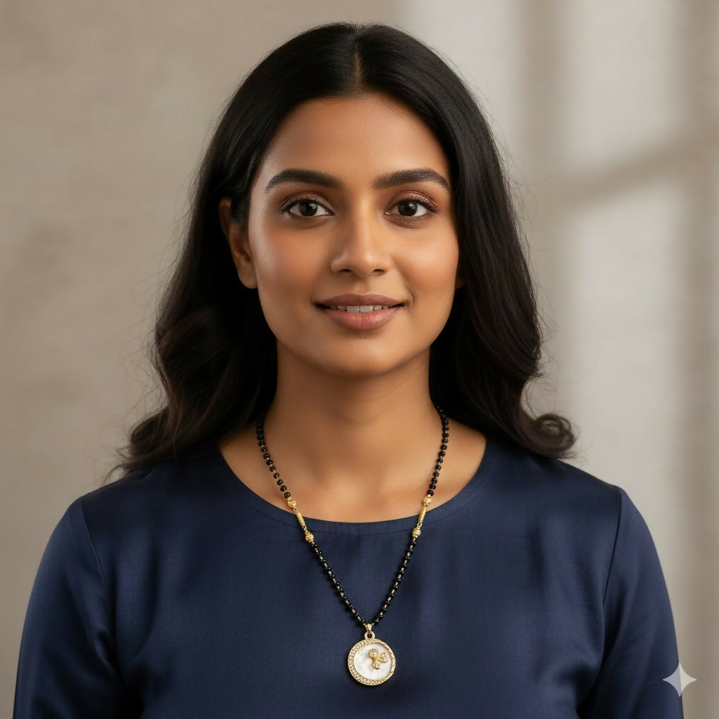 Gold-Plated AD Floral Circular Mangalsutra with Black Beads for women