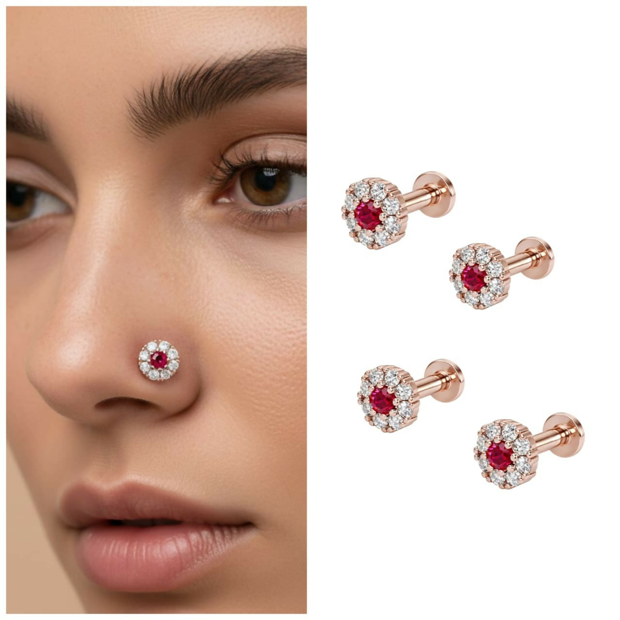 Rose gold nose pin with vibrant ruby center surrounded by diamond halo