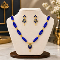 Royal Blue Beaded Jewellery Set for Women with Gold Tone Necklace and Earrings Combo