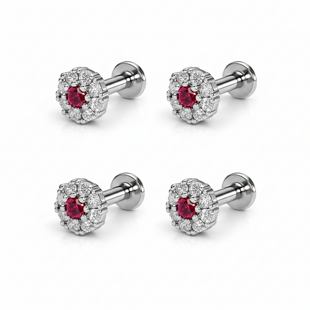 Set of two pairs of ruby halo flat-back stud earrings showcasing comfortable design