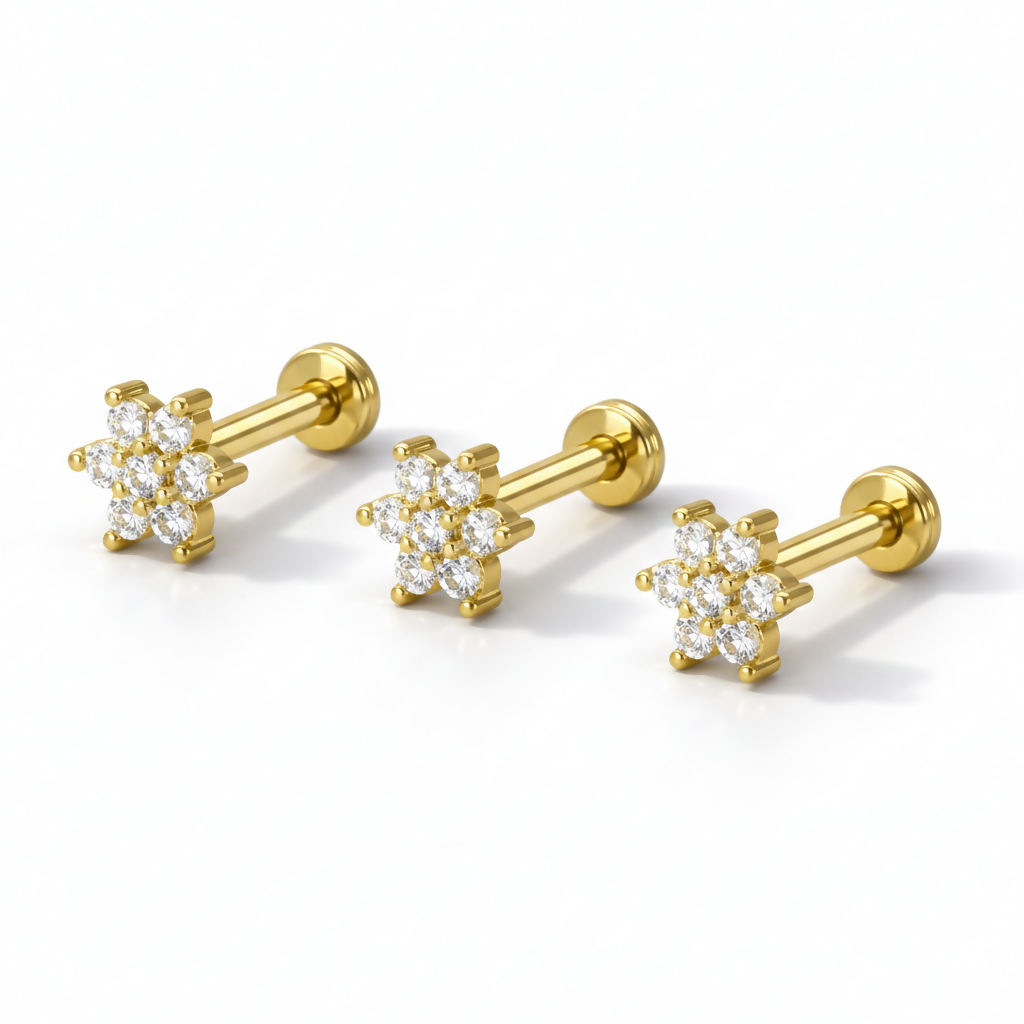 Set of gold plated flower nosepin studs with flat back labret design for comfortable fit