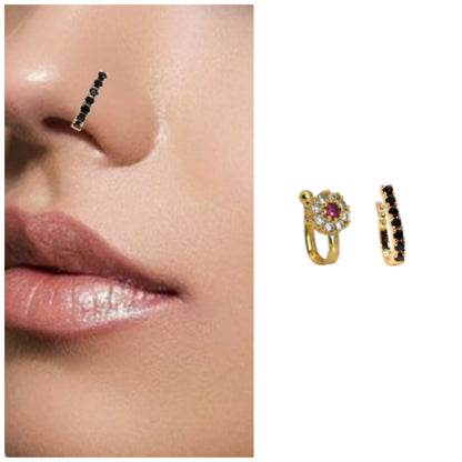CZ Stone Clip-On Nose Ring Combo (Line & Flower) Combo Pack of 2