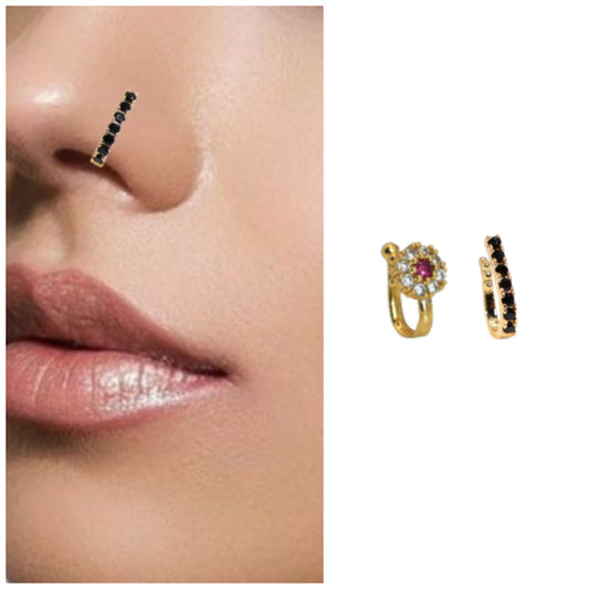 CZ Stone Clip-On Nose Ring Combo (Line & Flower) Combo Pack of 2