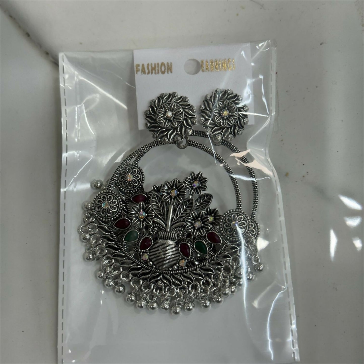 Oxidised Silver Floral Chandbali Earrings with Color Stone Detailing & Ghungroo Drops