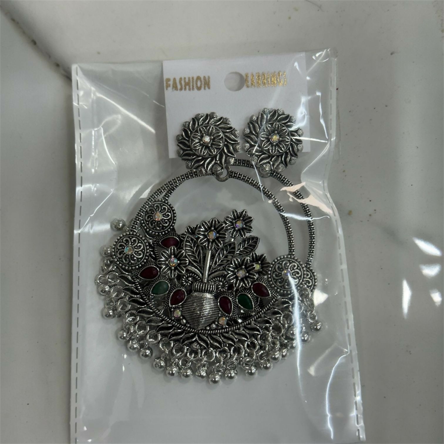 Oxidised Silver Floral Chandbali Earrings with Color Stone Detailing & Ghungroo Drops