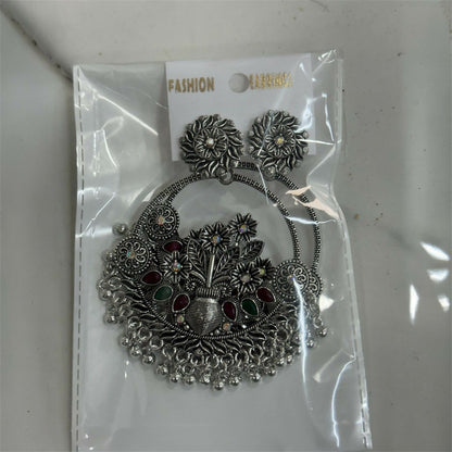 Oxidised Silver Floral Chandbali Earrings with Color Stone Detailing & Ghungroo Drops