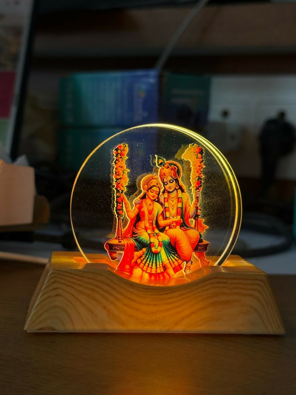 Decorative Radha Krishna LED night lamp on wooden stand