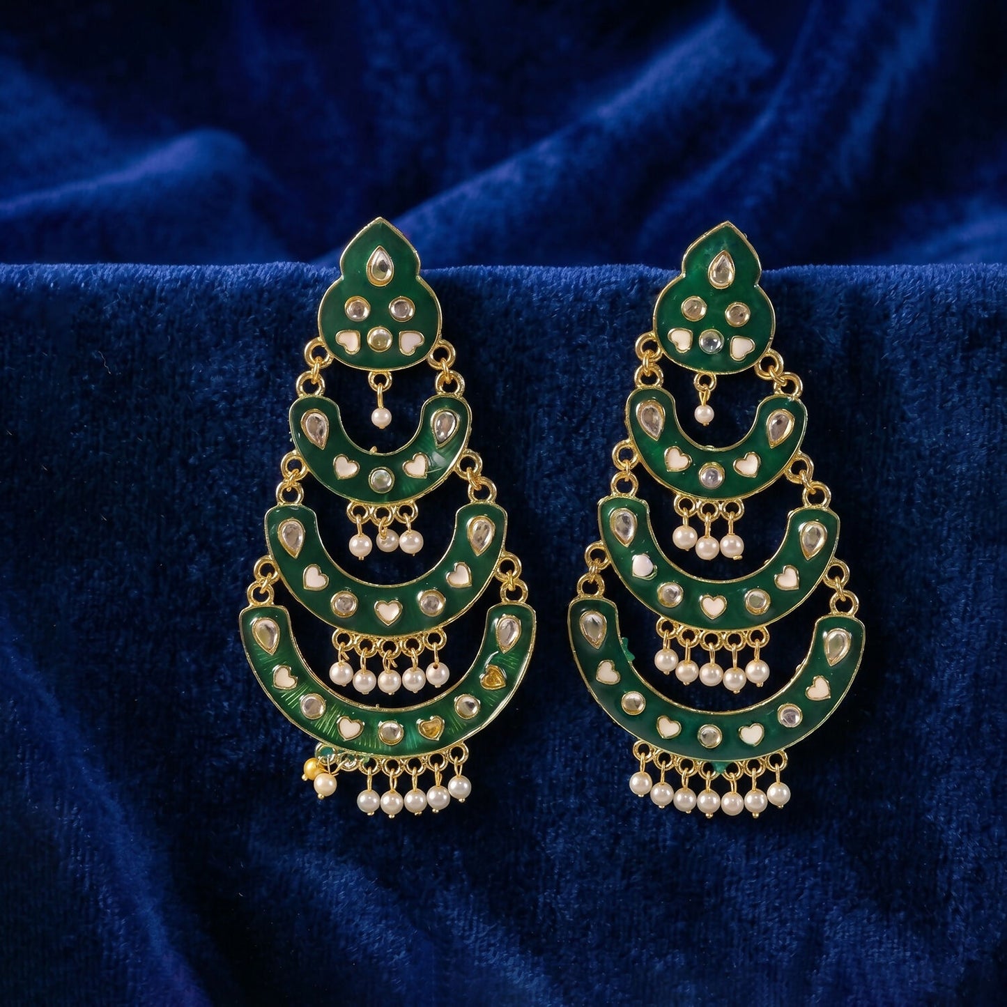 Full view of traditional green layered chandbali earrings
