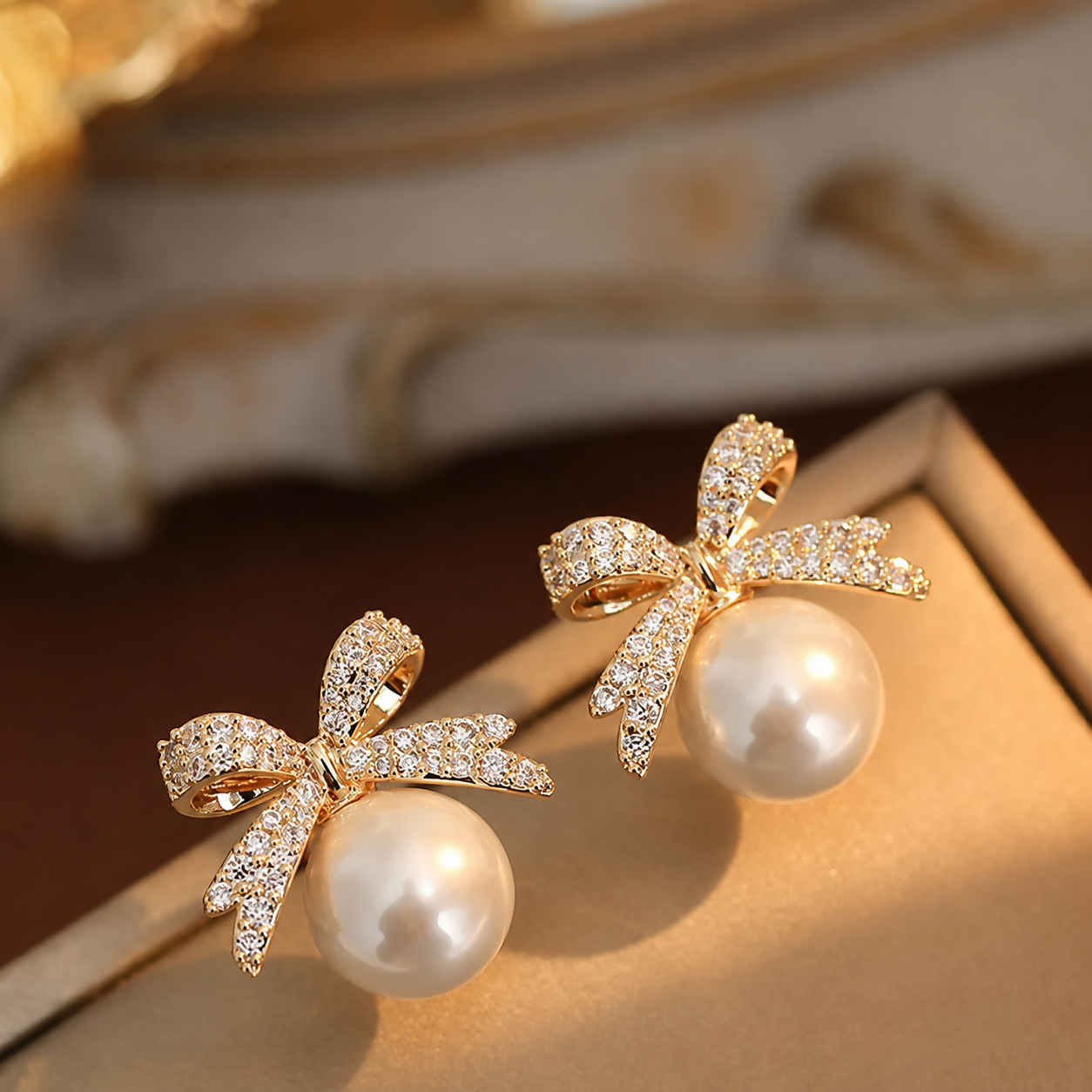 Luxury Gold Plated Pearl Bow Stud Earrings for Women