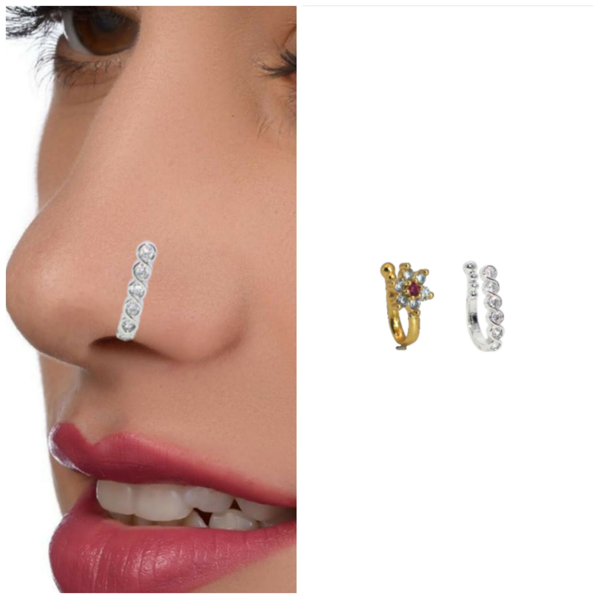 Set of deluxe silver and gold clip-on nose cuffs adorned with cubic zirconia stones, no piercing required.