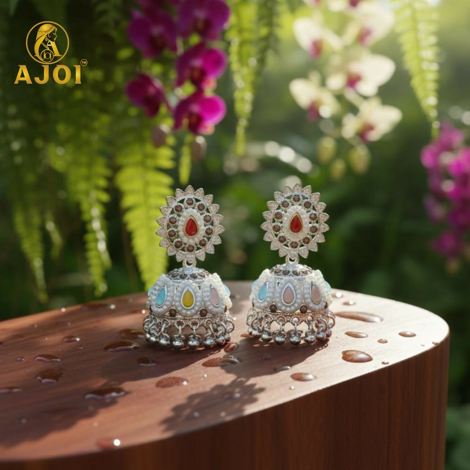 Royal Silver-Tone Kundan Jhumka Earrings with Multicolor Stone Inlay & Pearl Drop Detailing